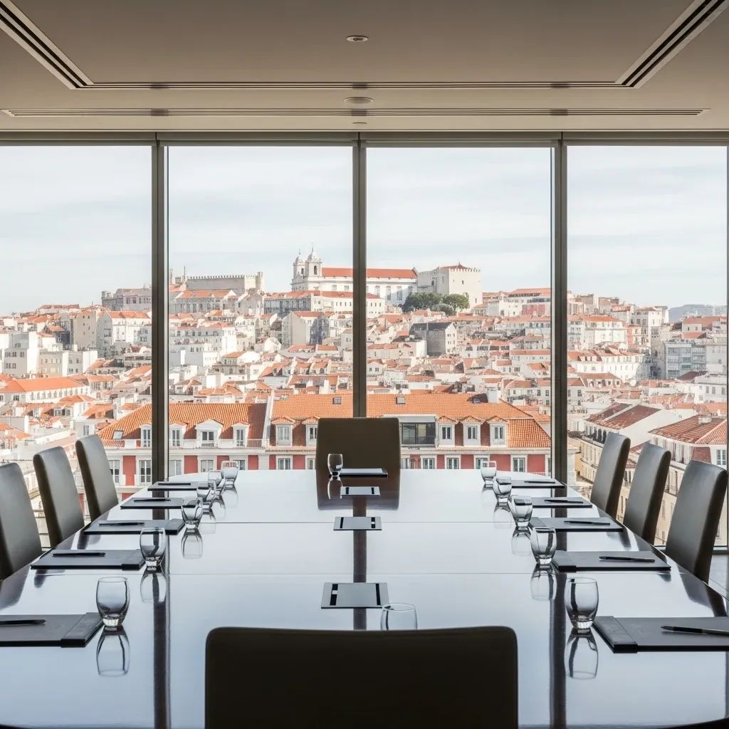 Empty boardroom overlooking Lisbon skyline representing CEO transition at Banco Montepio