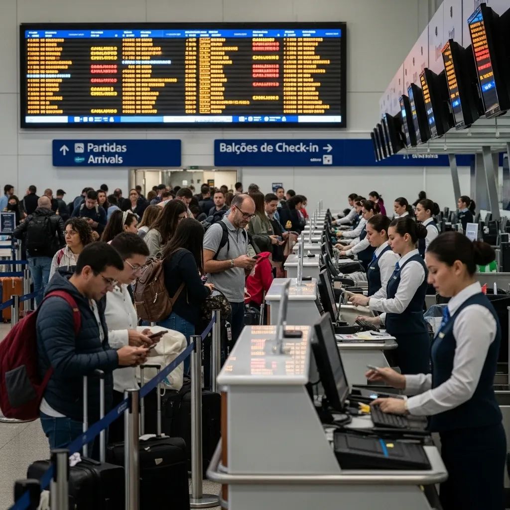 Passengers queuing at airport check-in with flight delay board in background