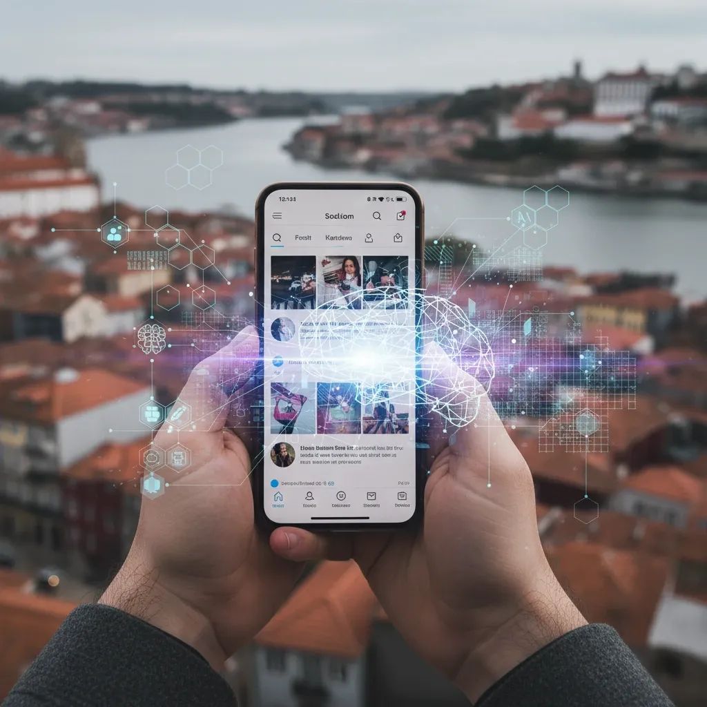Smartphone displaying social media feed with digital AI overlay and blurred Portuguese cityscape in background