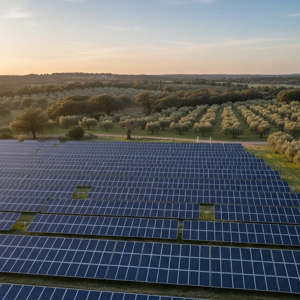 Solar panels in a rural Portuguese interior landscape with oak woodland and olive groves