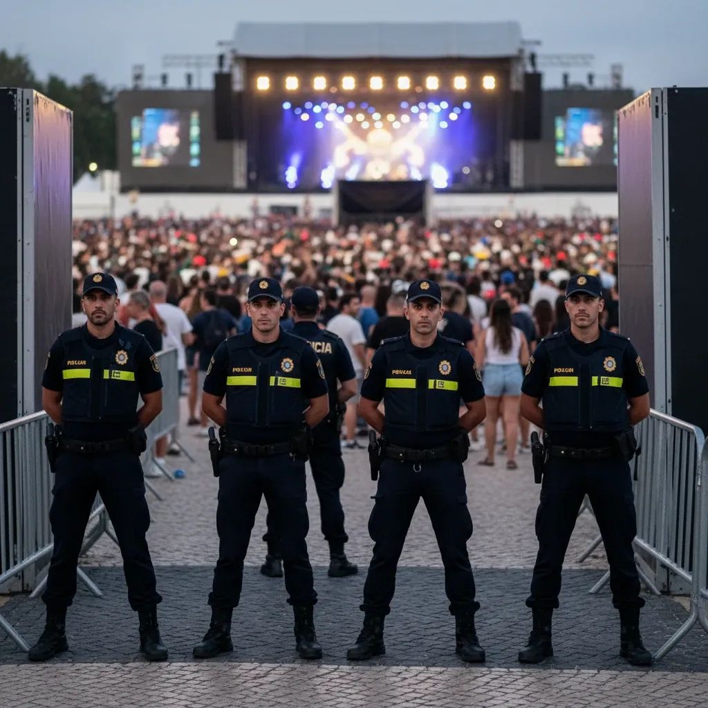 Portuguese police officers oversee crowd at an evening concert, symbolising higher off-duty security costs