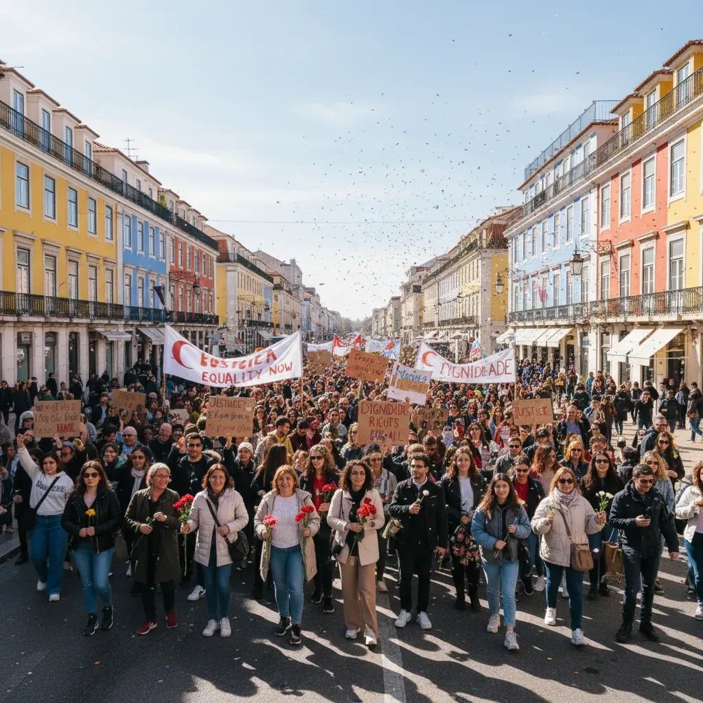 Thousands of protesters marching down Lisbon's Avenida da Liberdade during International Women's Day demonstration