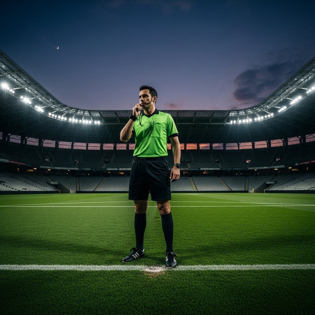 Football referee on a floodlit Portuguese stadium pitch before the match