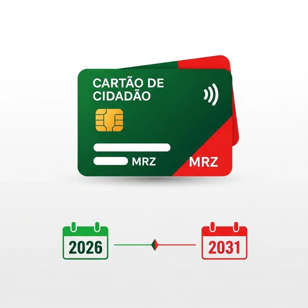 Infographic of a stylized Portuguese Citizen Card with chip, MRZ stripes and renewal deadlines