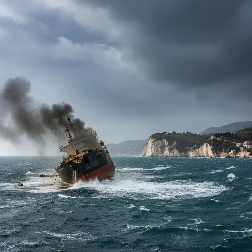 Damaged Russian tanker listing in Mediterranean waters with smoke and rough seas