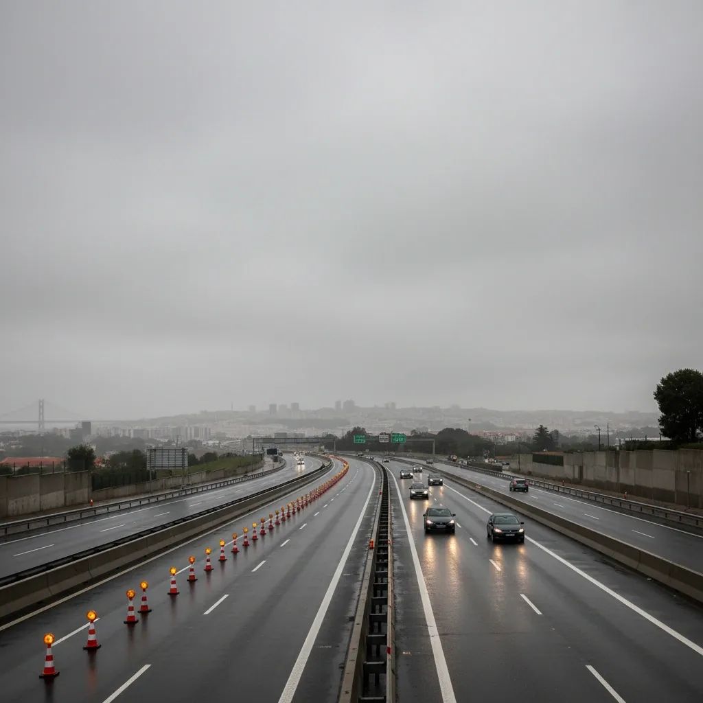 Cars funnel into two coned-off lanes on the A5 toward Cascais during landslide repair works