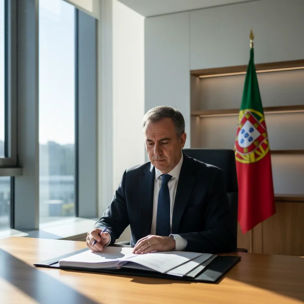Government official at ministerial desk with recovery plan documents and Portuguese flag