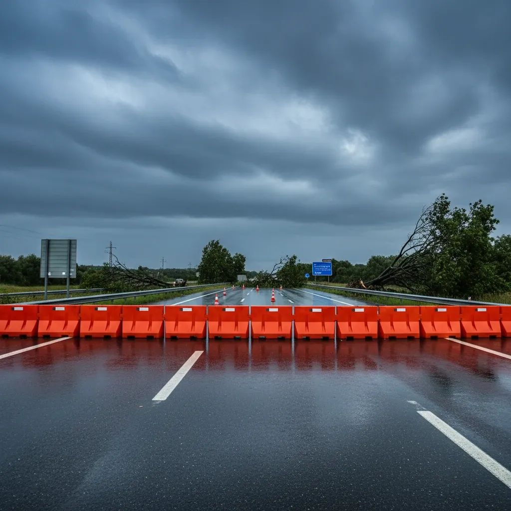 Closed A1 motorway near Pombal with orange barriers and fallen trees during a storm