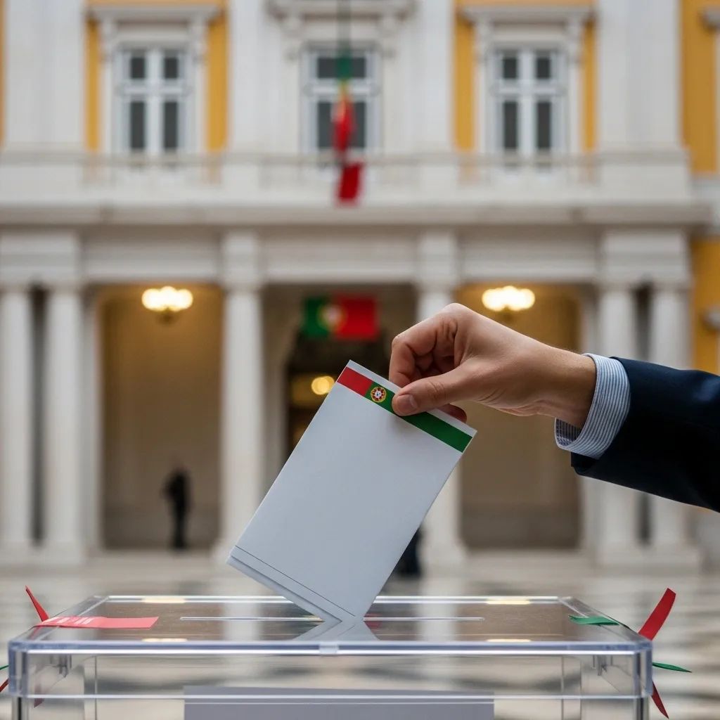 Hand casting ballot into box with blurred Portuguese government palace facade in background