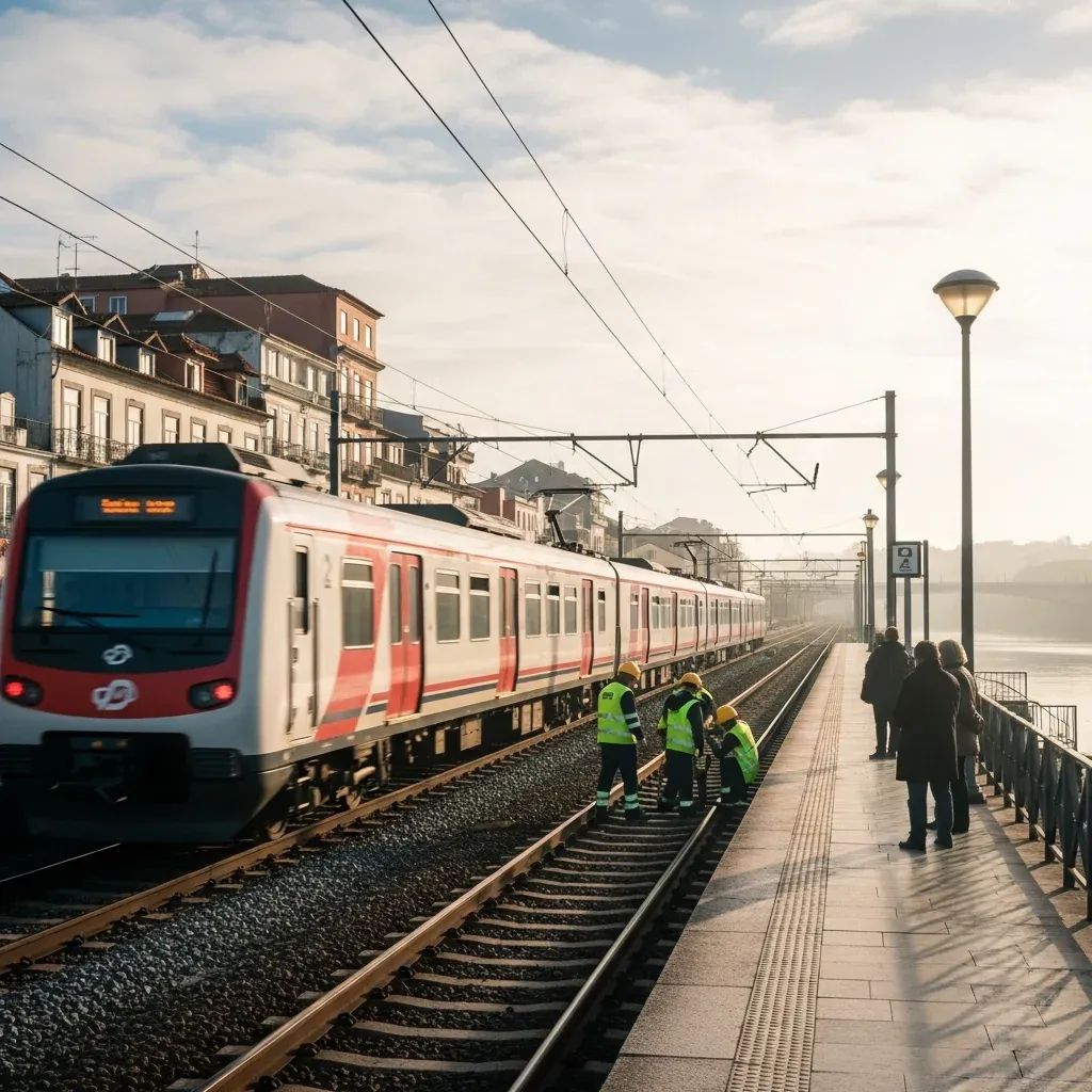Commuter train on a single-track line near Lisbon with waiting passengers and track maintenance crew