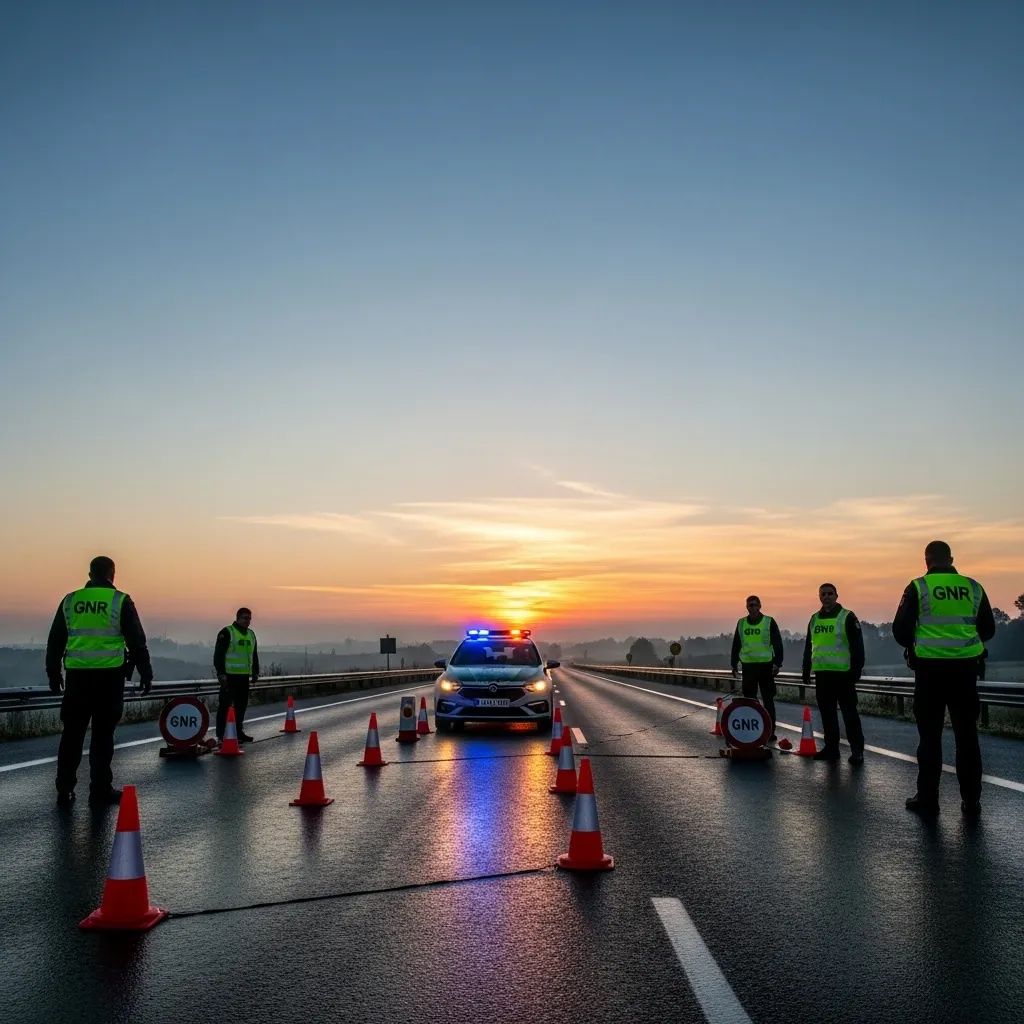 GNR patrol car and officers at a dawn breath-test checkpoint on a Portuguese motorway