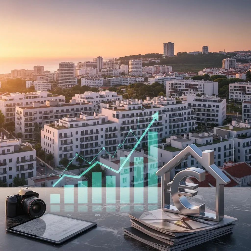 Lisbon residential buildings with financial growth chart, representing rising property valuations and mortgage rates in Portugal