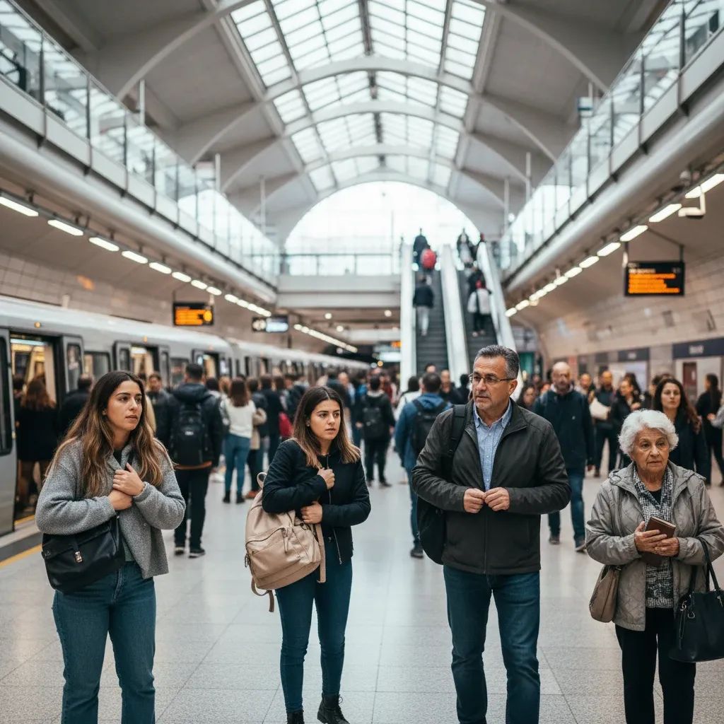 Lisbon metro station with commuters and tourists, representing urban crime concerns and pickpocketing risks in Portuguese cities