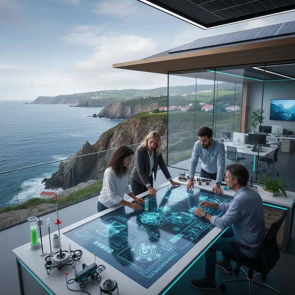 Modern coastal research facility with ocean view representing Portugal's blue economy innovation hub for marine biotechnology and sustainable industries