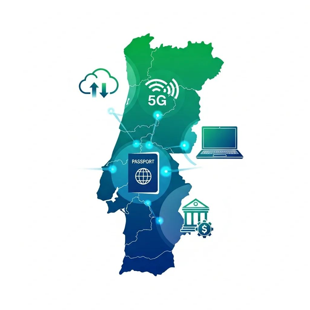 Map of Portugal overlaid with icons for cloud computing, 5G, passports and SMEs