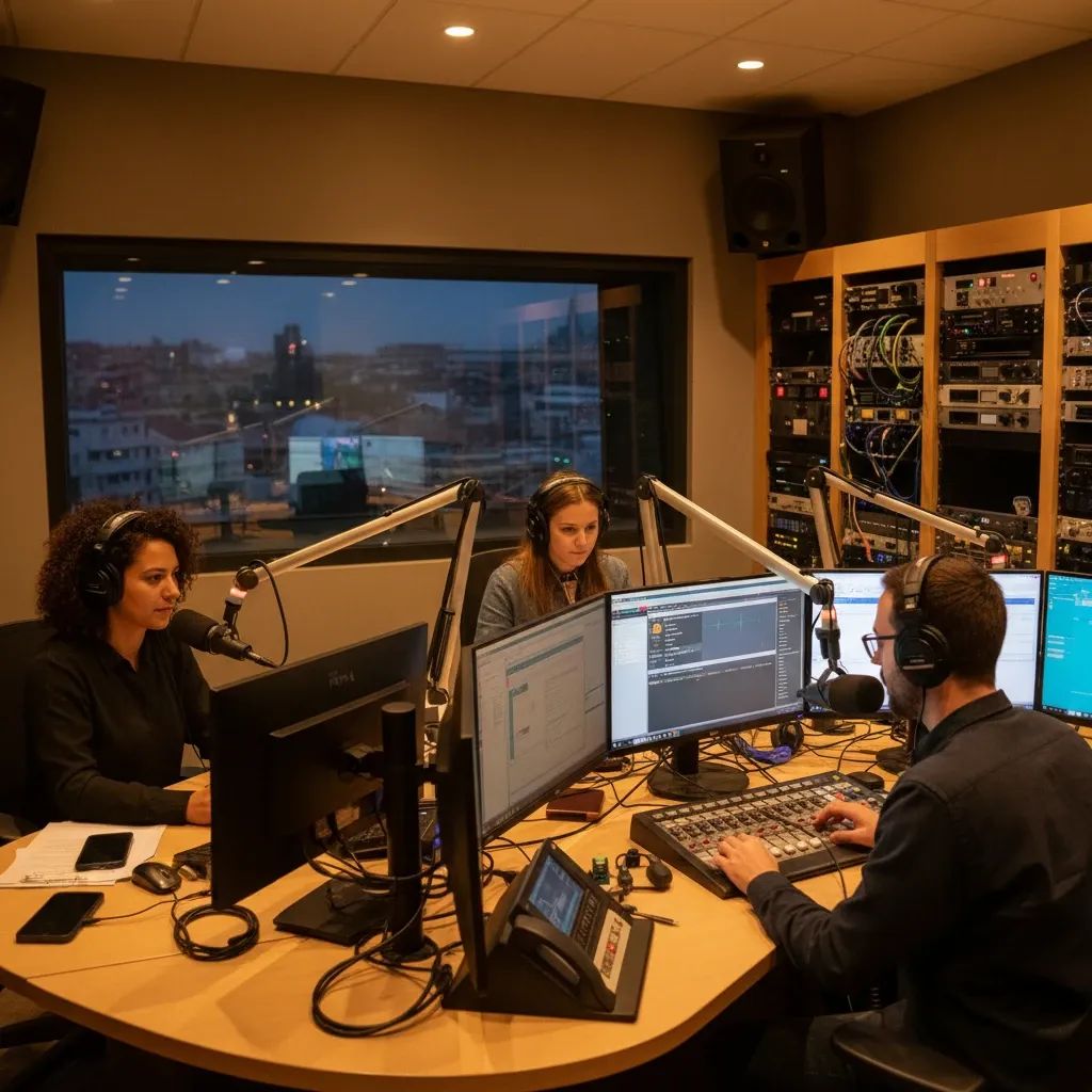 Modern radio station control room with broadcasting equipment and professionals at work stations