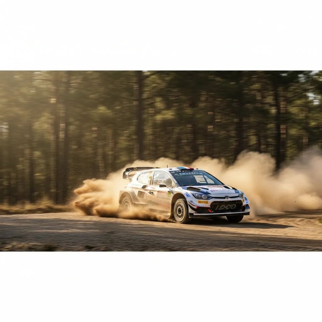 Rally car drifting on Portuguese gravel road during WRC competition