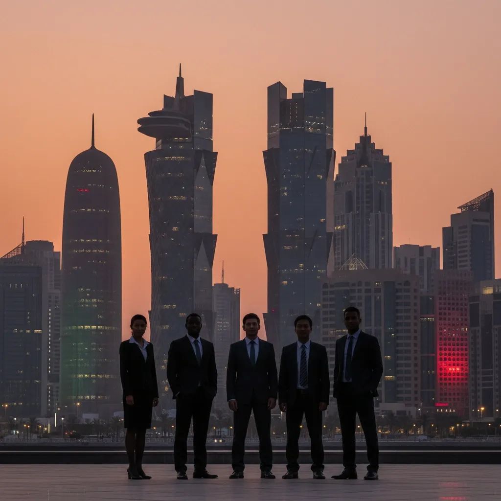 Doha skyline at dusk with silhouettes of professionals and Portuguese color accents