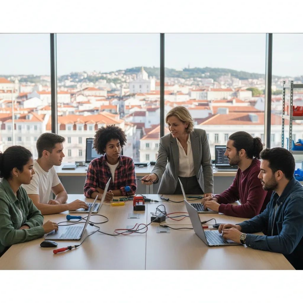 Young adults in a vocational training workshop with a mentor and laptops