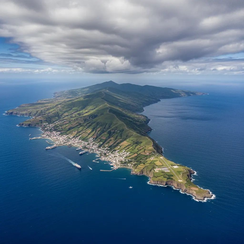 Aerial view of São Jorge island showing mountainous terrain, coastal ports, and surrounding Atlantic waters highlighting geographic isolation