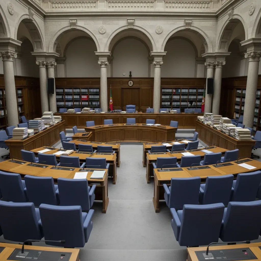 Portuguese courthouse or government building interior representing criminal justice system and case management
