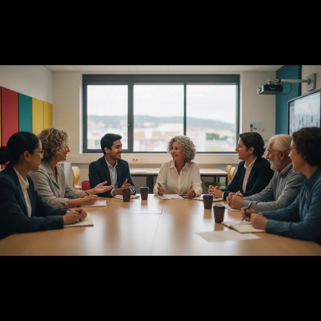 Community members gathered in educational setting for domestic violence awareness program in Portugal