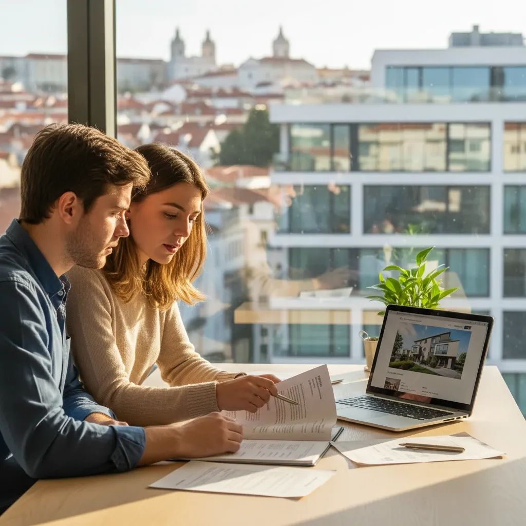 Young couple discussing mortgage options at desk with apartment building visible in background
