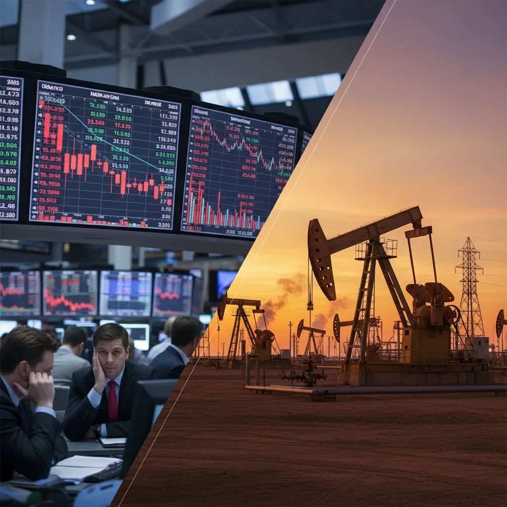 Stock market data visualization alongside energy infrastructure representing financial market impact from geopolitical conflict