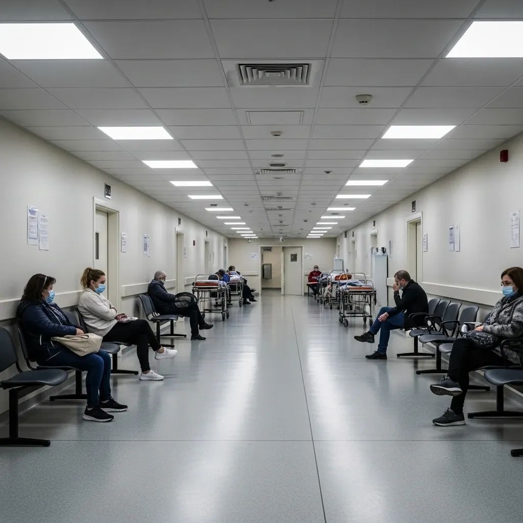 Patients waiting in a Portuguese hospital emergency corridor with chairs and stretchers