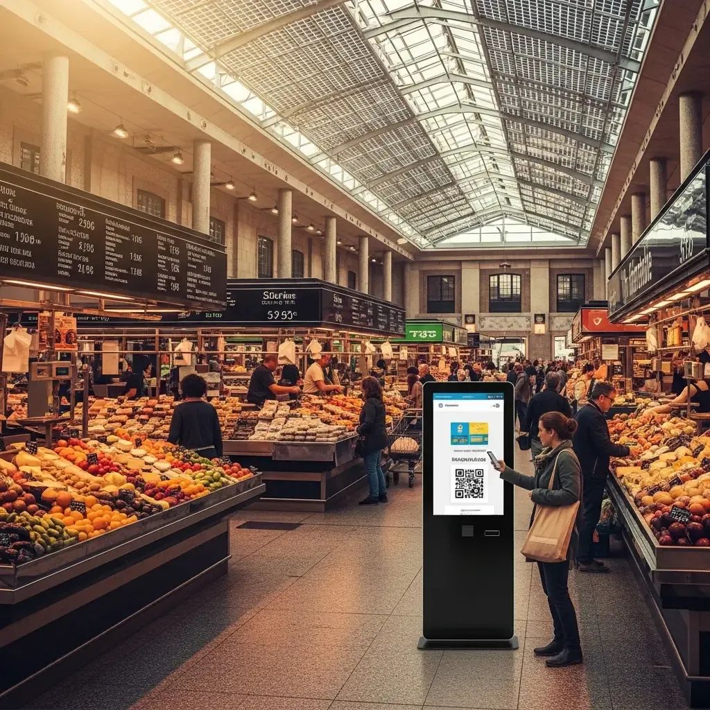 Portuguese market hall with solar-panel roof and shopper scanning QR code at digital kiosk