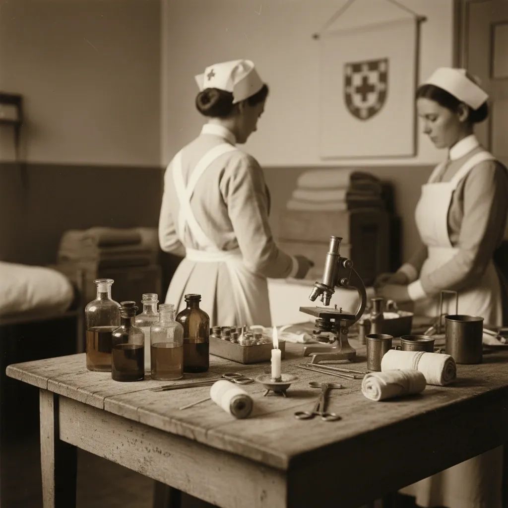 Vintage medical supplies and Red Cross insignia representing Portuguese nurses in World War I battlefield hospital