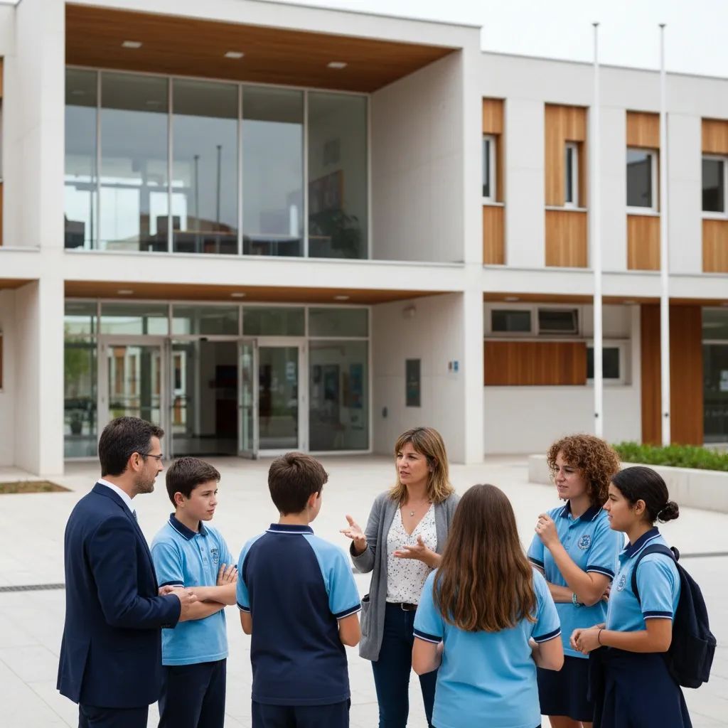 Portuguese school building with concerned parents and students discussing visitor access policies