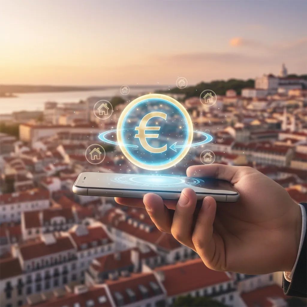 Smartphone displaying a digital euro coin hologram with Lisbon skyline in the background