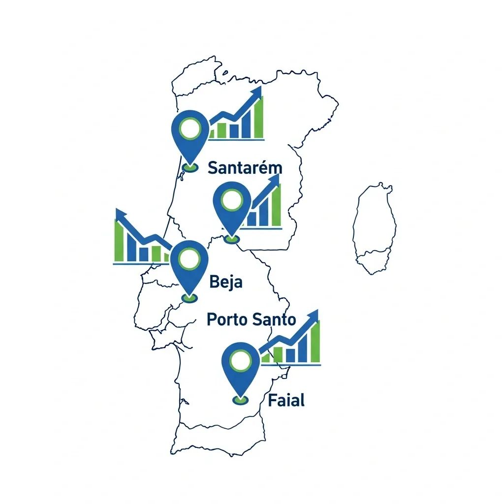 Infographic style map of Portugal showing districts with rising home prices