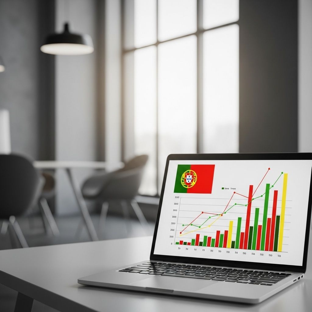 Laptop on desk displaying rising economic bar charts with Portuguese color accents
