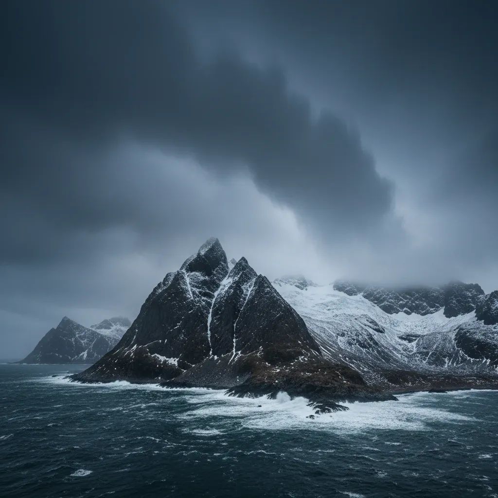 Dramatic Arctic storm system approaching Azores mountains with snow-covered peaks and rough ocean waves