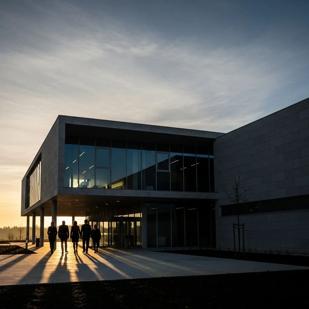Silhouettes of municipal staff walking away from a modern Portuguese city hall building