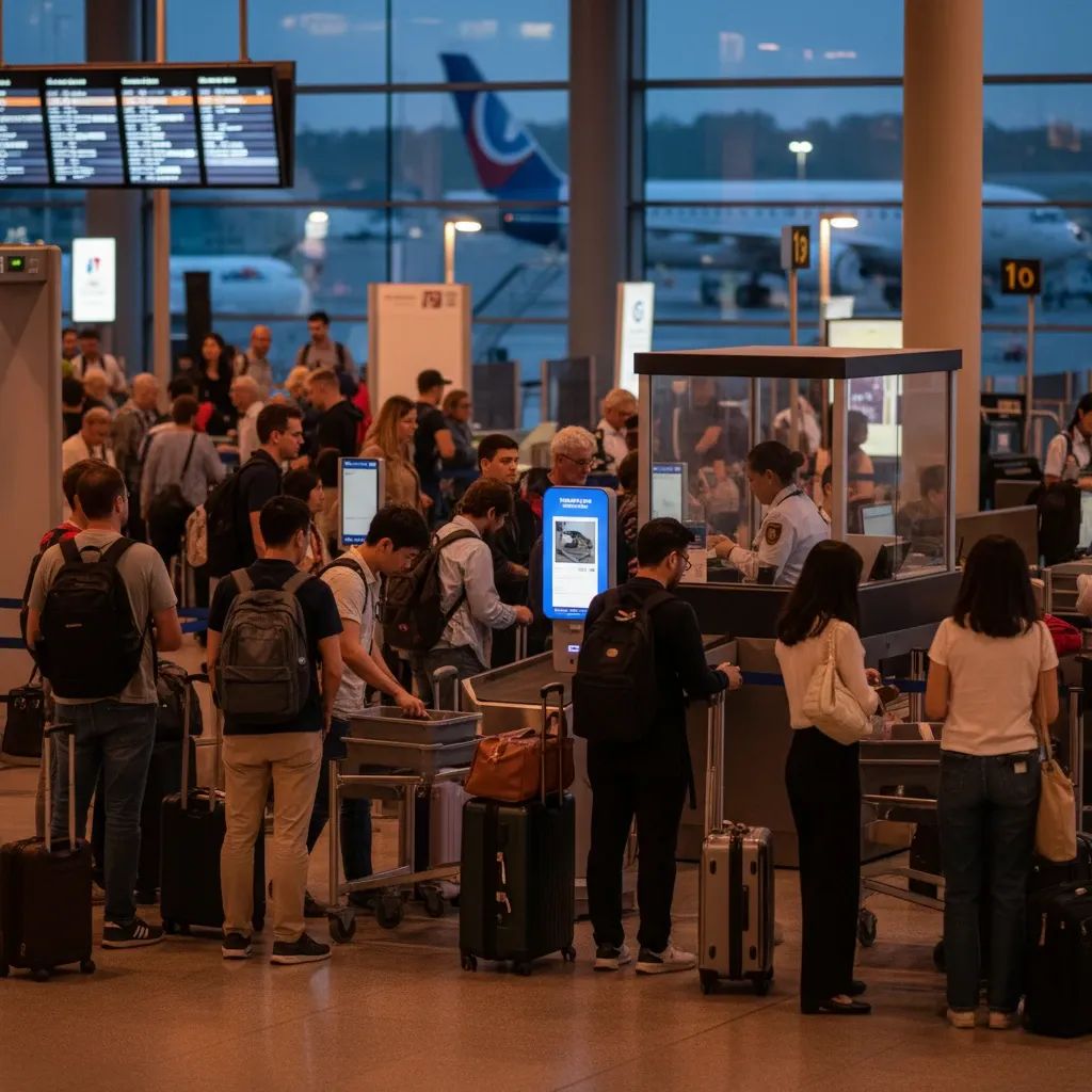 Diverse travelers queuing at airport biometric security checkpoint with passport control booths
