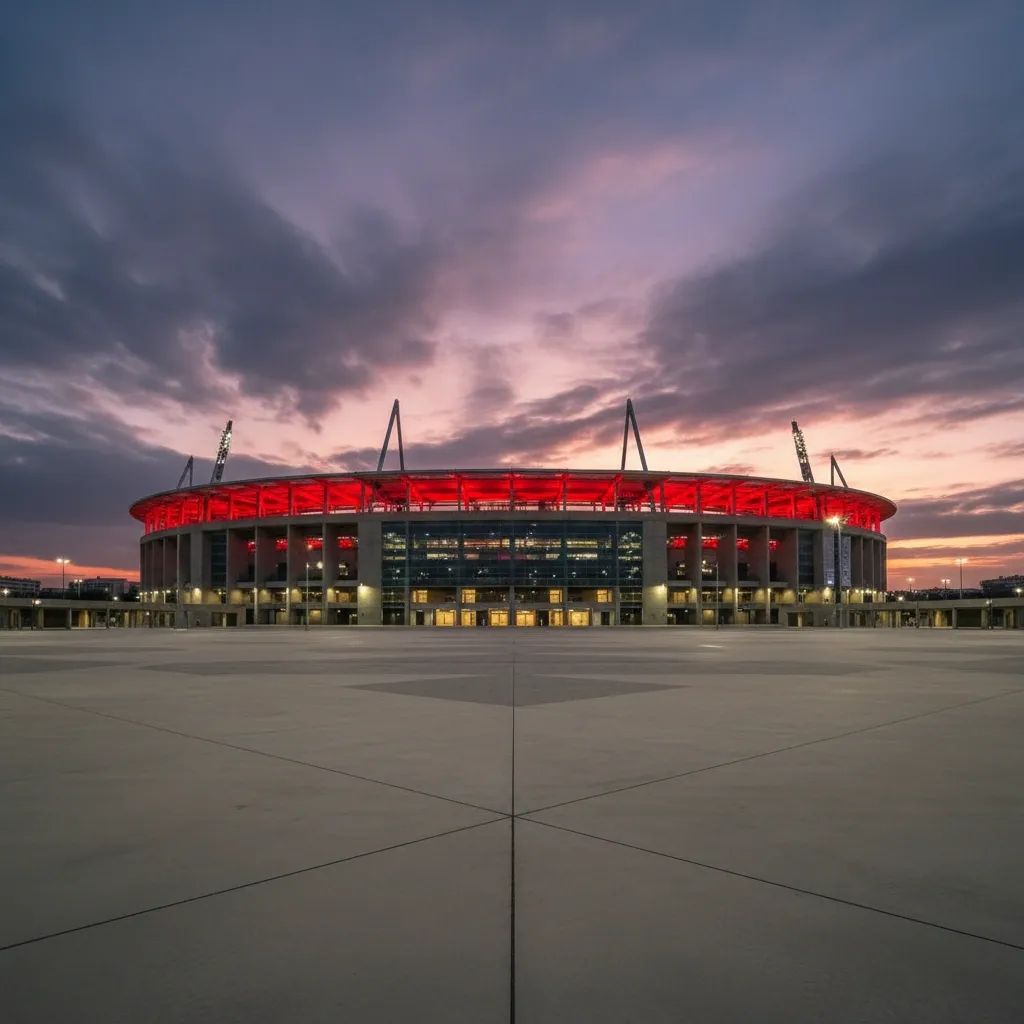 Dusk view of Lisbon’s Estádio da Luz glowing red under stadium lights