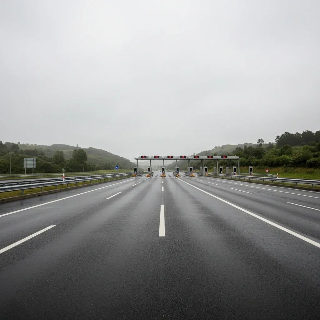 Empty Portuguese motorway toll plaza with open lanes and green hills after rain
