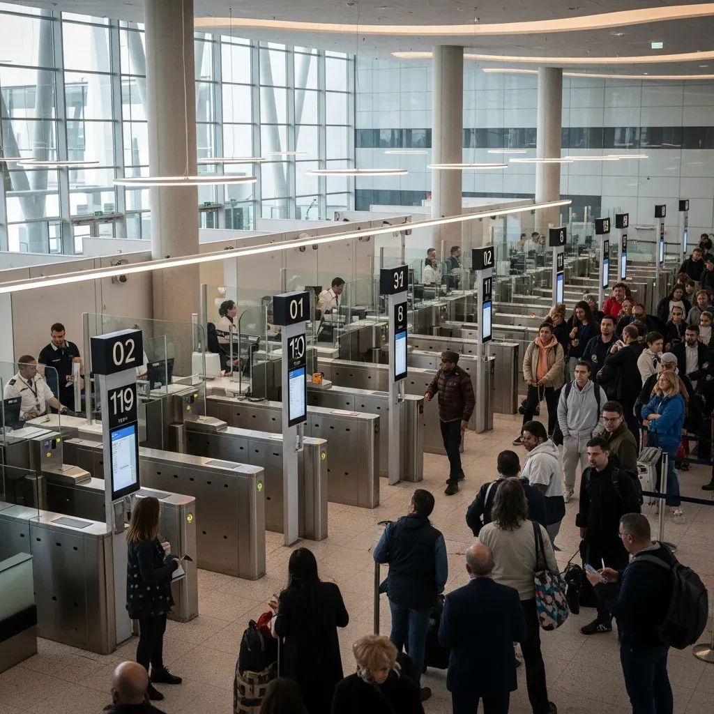 Wide view of Lisbon airport passport control booths with travelers queuing and uniformed officers