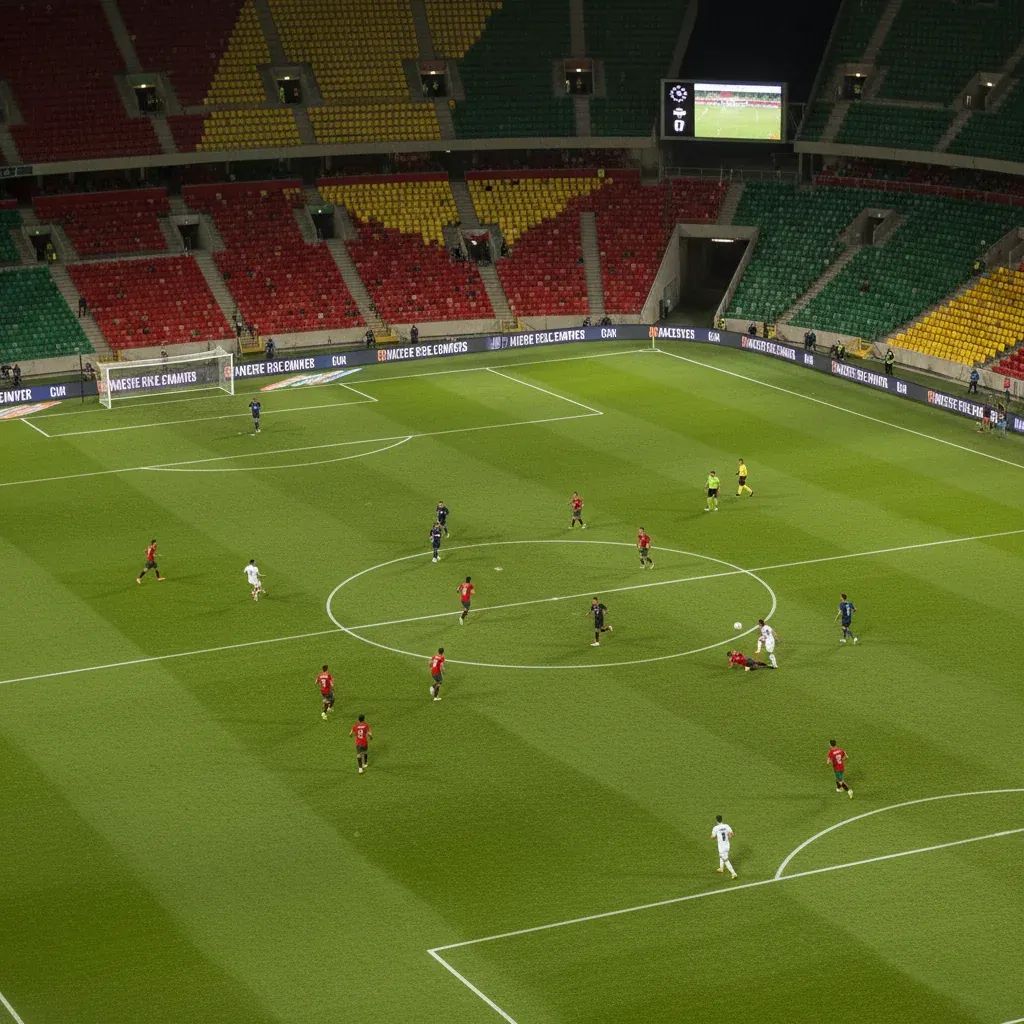 Football player in action on stadium pitch during competitive match with dynamic lighting