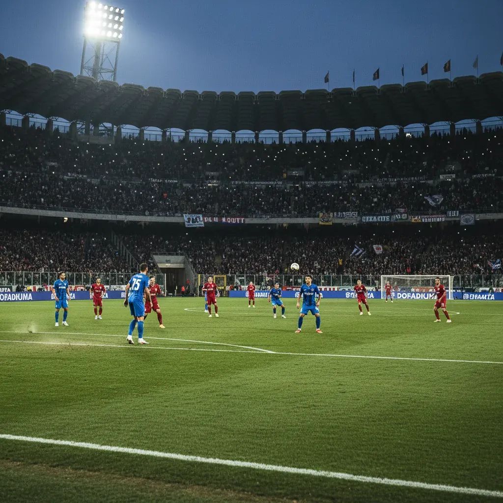 Dramatic moment in Italian football match with players in action near penalty area during evening fixture