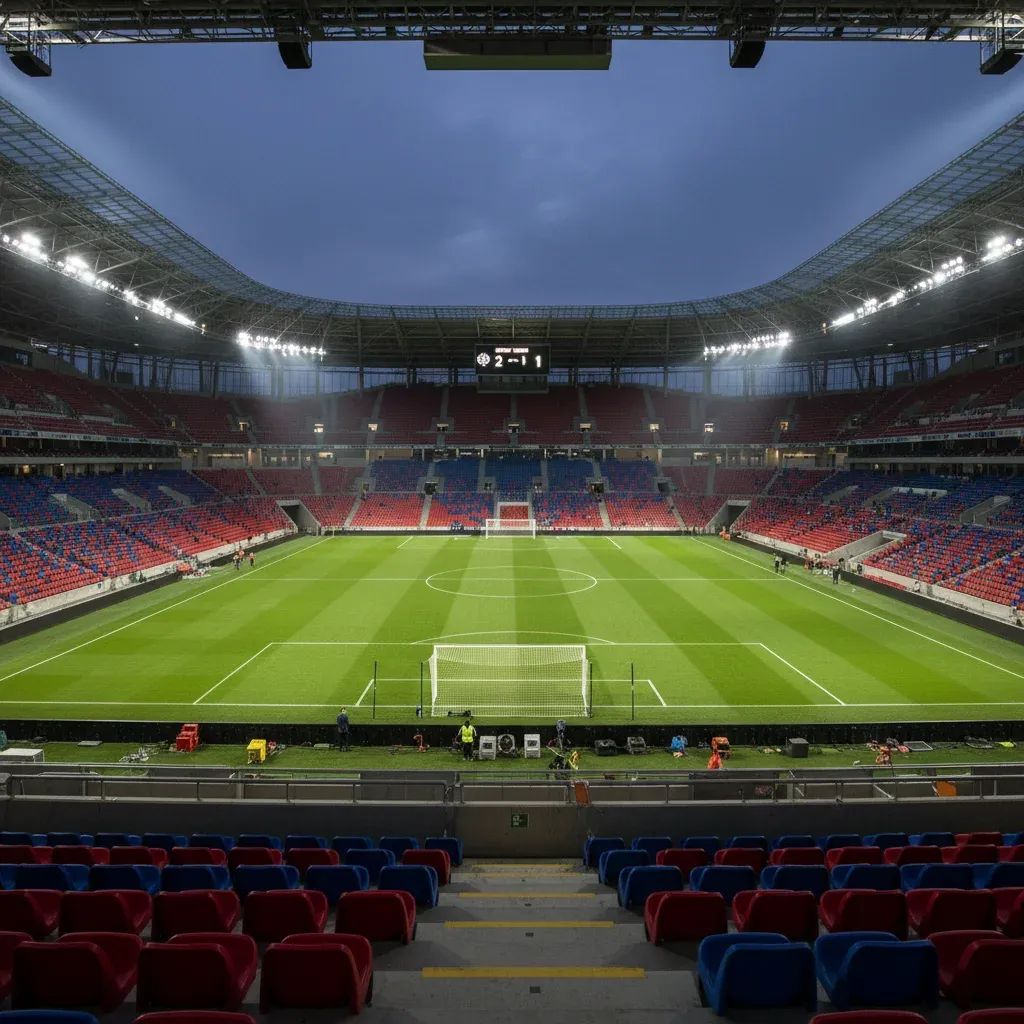 Modern football stadium during Champions League match with dramatic lighting and scoreboard visible