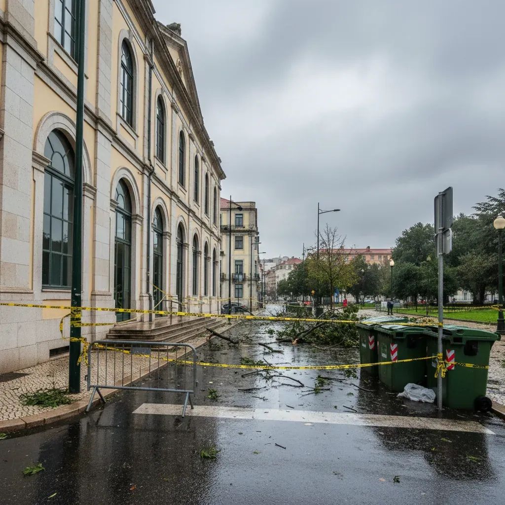 Portuguese Social Security office in Centro closed with caution tape and storm debris after severe weather