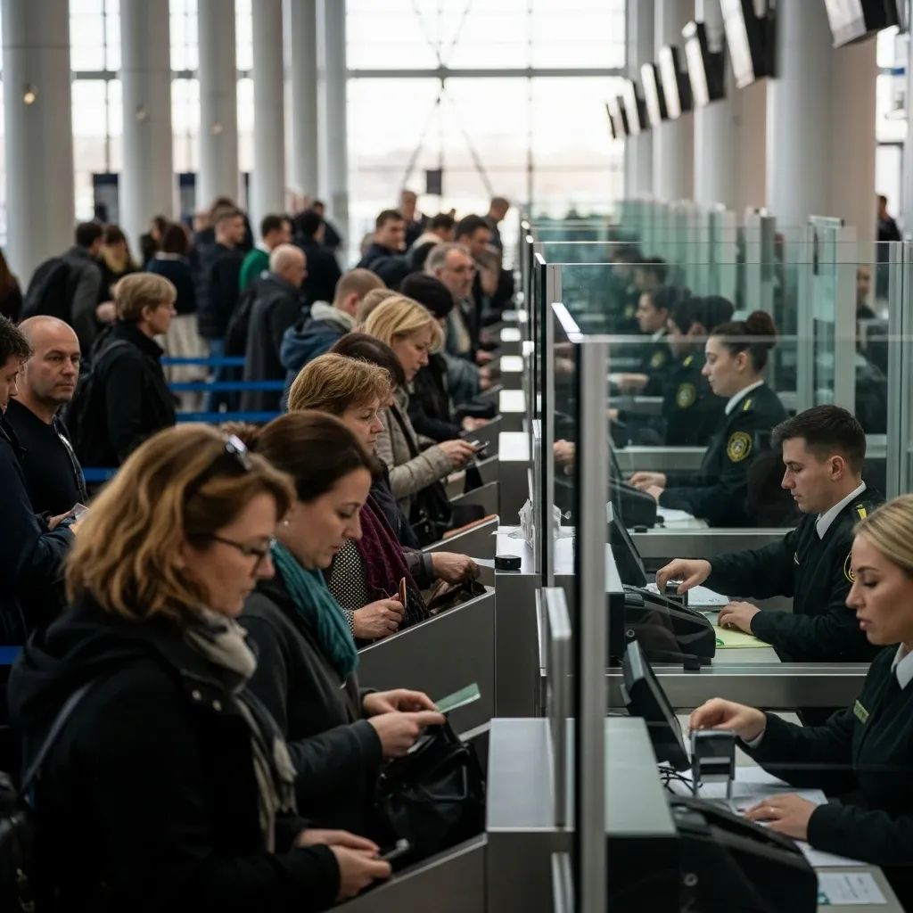 Travelers queuing at airport passport control with officers stamping passports