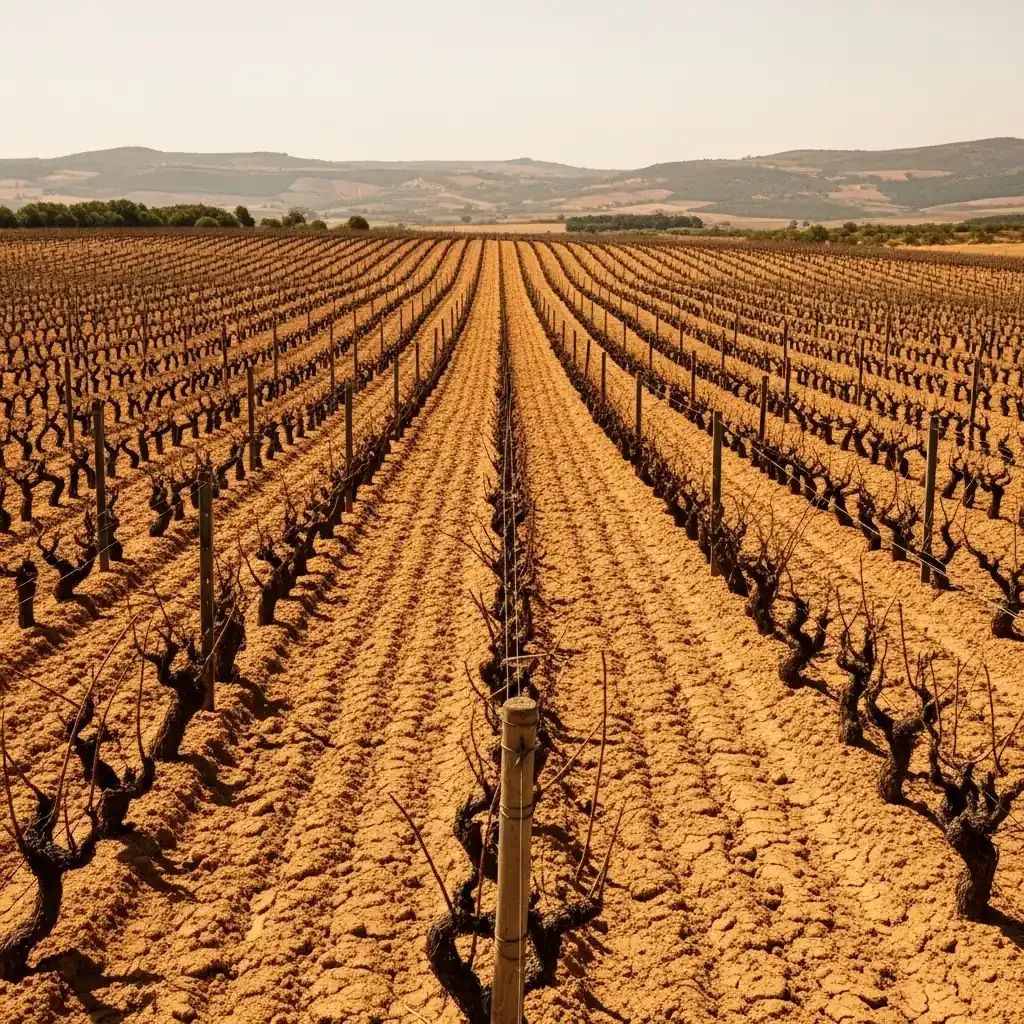 Sun-scorched Portuguese vineyard with shriveled grapevines and dry soil under harsh sunlight