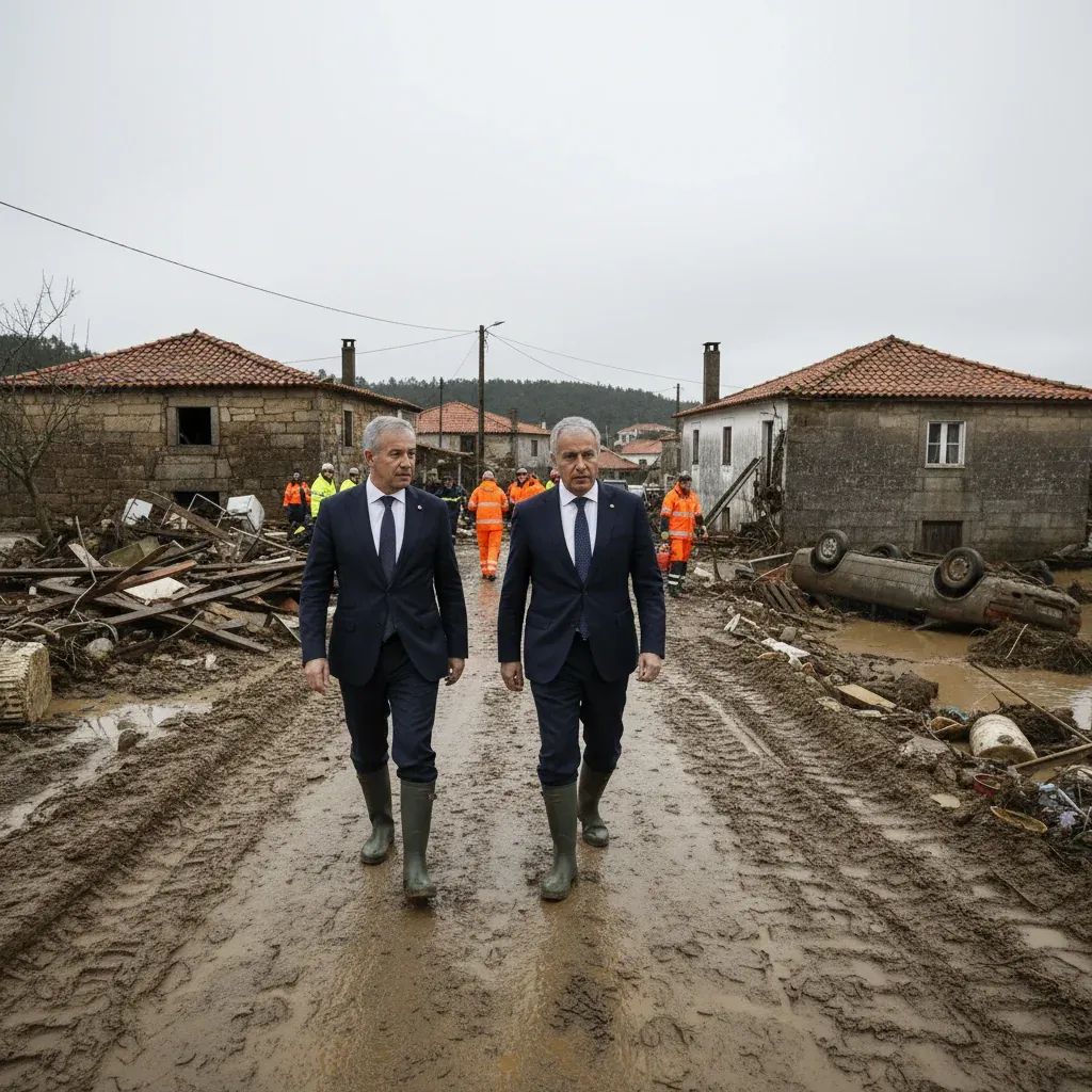 Two government officials walking through a mud-soaked street in flood-hit central Portugal with emergency crews in view