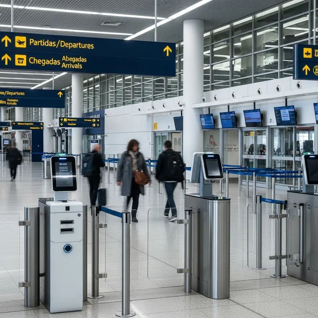 Passengers queuing at biometric passport kiosks in a modern airport terminal