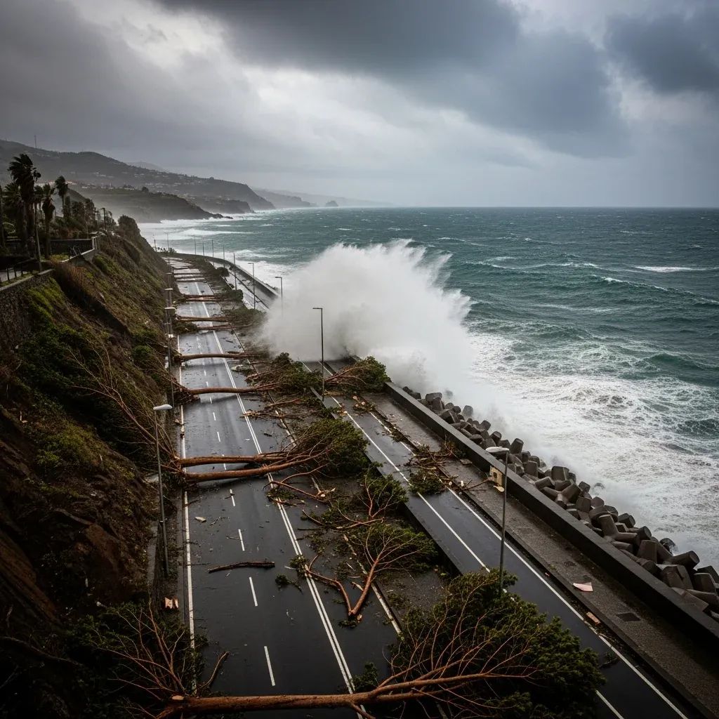 Aerial view of Madeira coastal road blocked by fallen trees with stormy sea waves